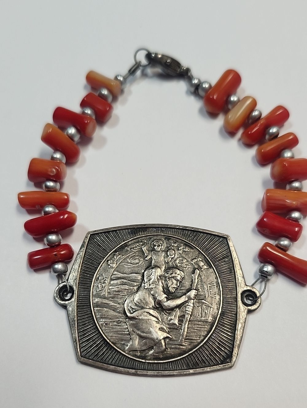 800 Real Silver Vintage Religious Medal Bracelet with Coral Beads 7"